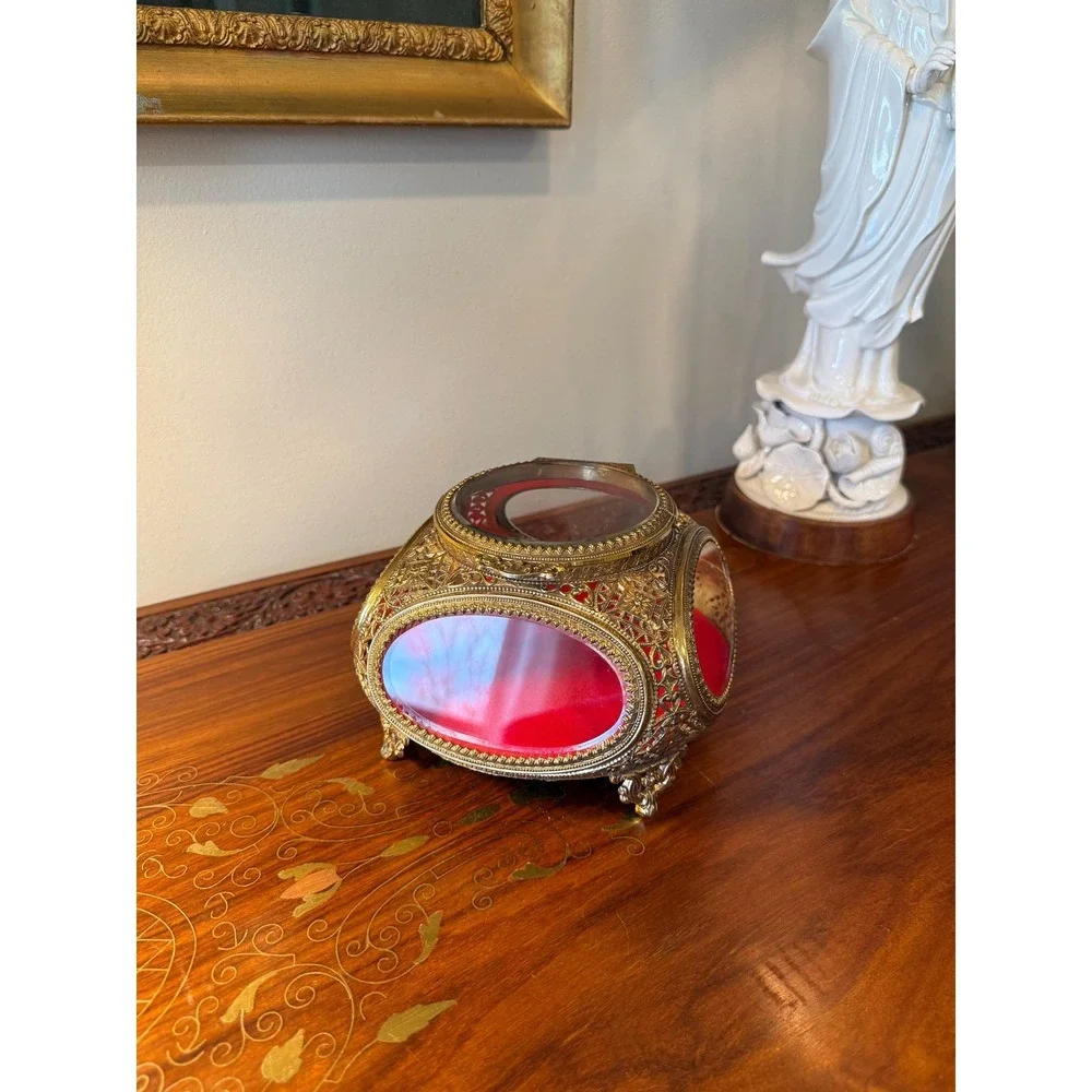 Vintage Ormolu Jewelry Casket Red Velvet Beveled Glass Box - Picture 17 of 17